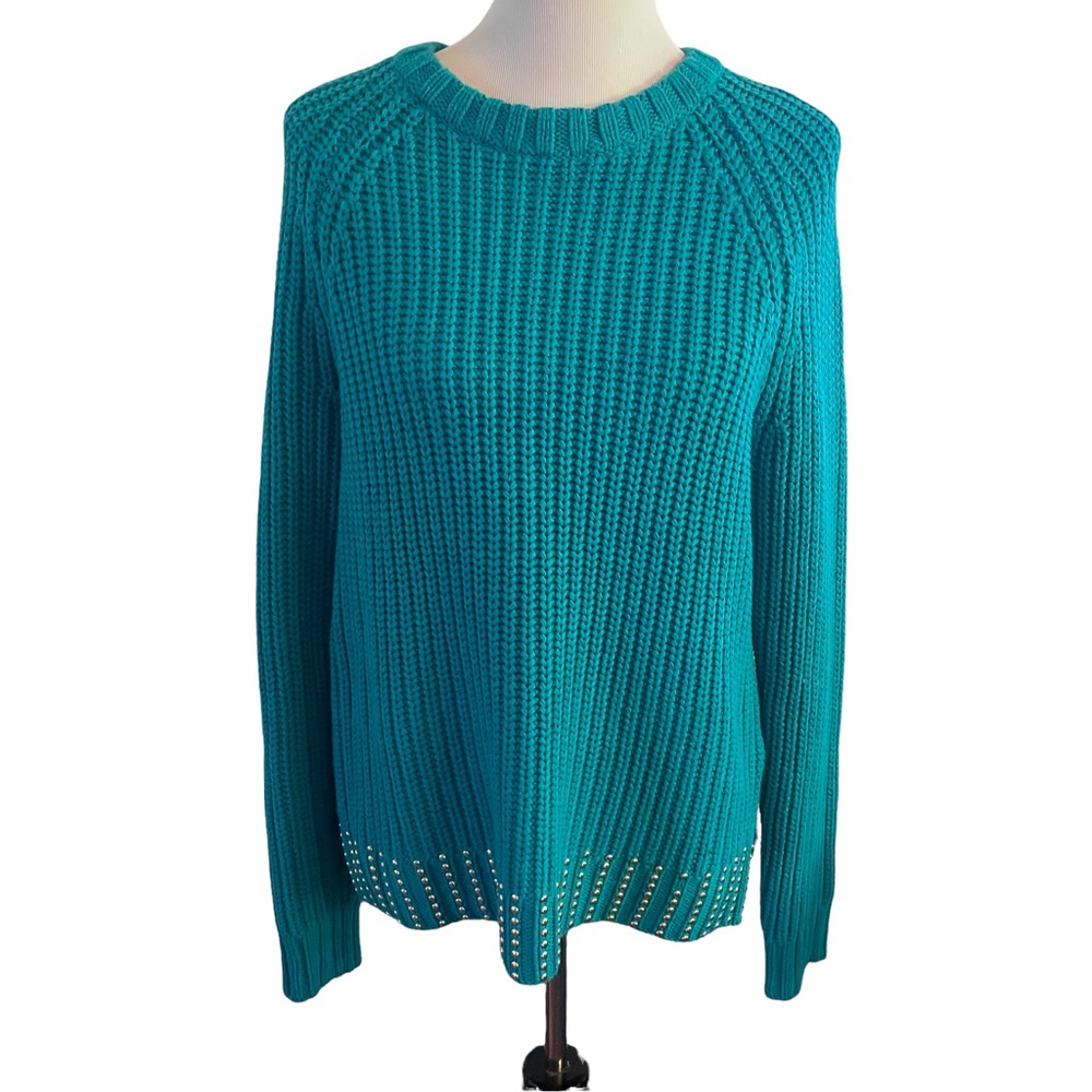 MICHAEL KORS Turquoise Knit Sweater Gold Studded Bottom Size Medium
